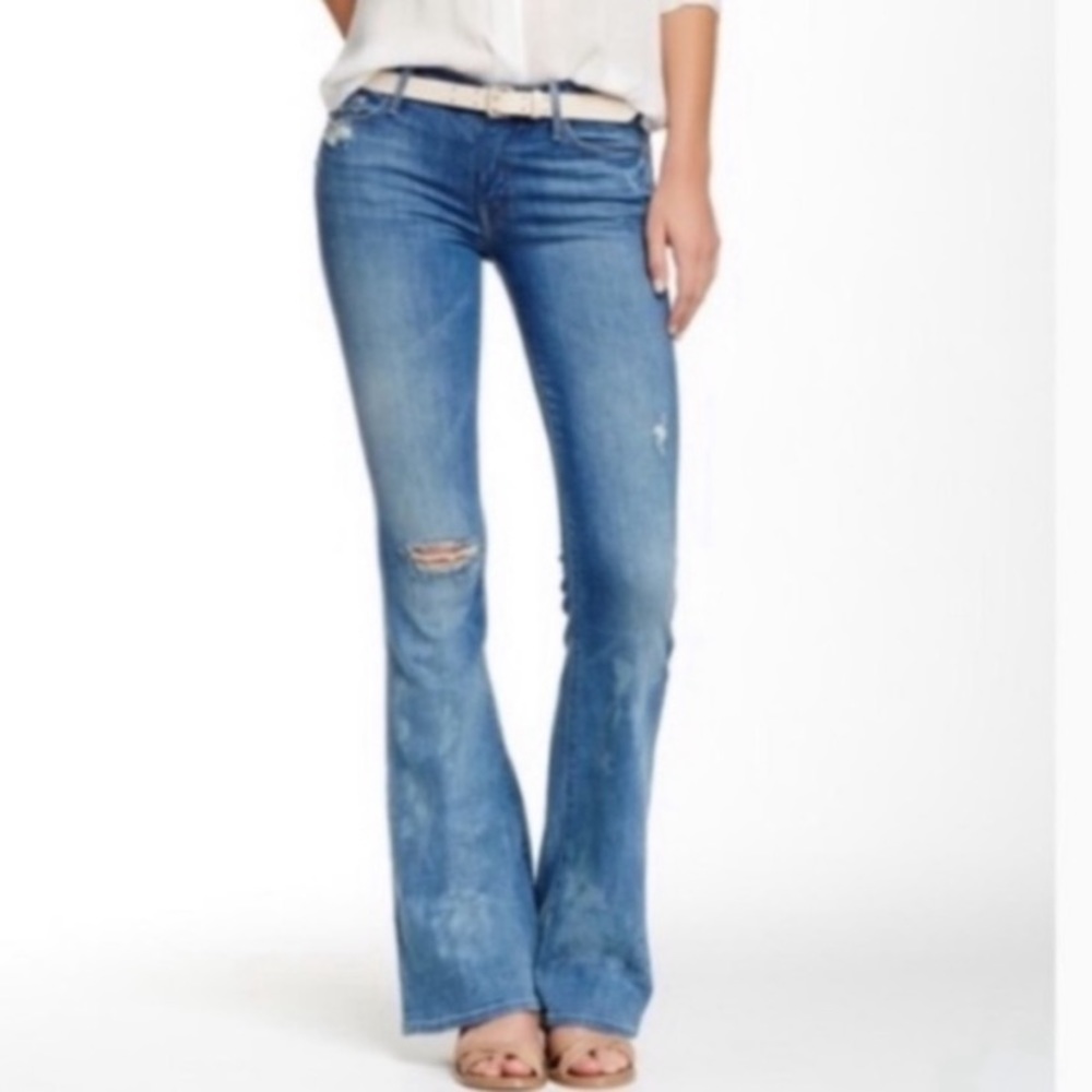MOTHER Cruiser Flare Getting Rowdy Distressed 30 Hole Mid Rise Blue Denim Jean